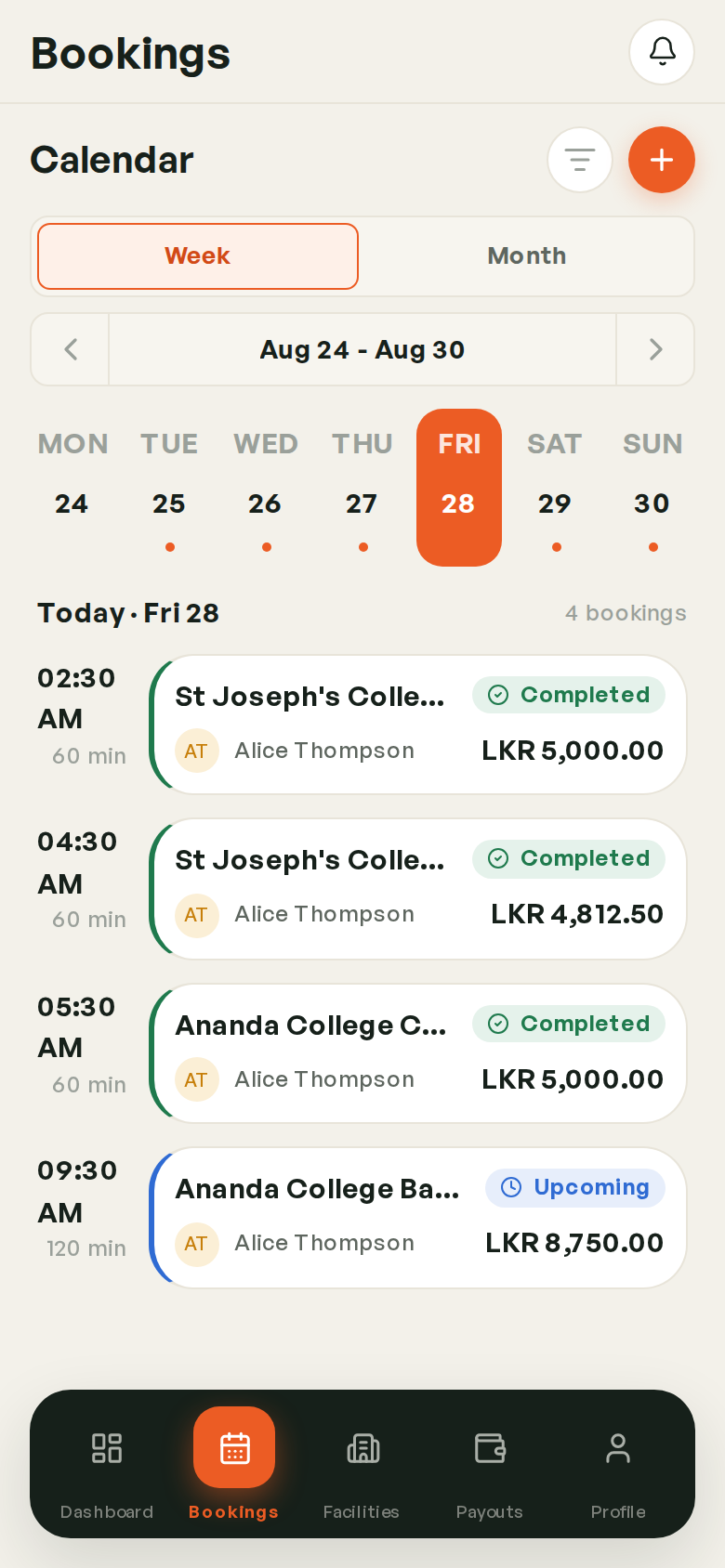 The bookings calendar on mobile