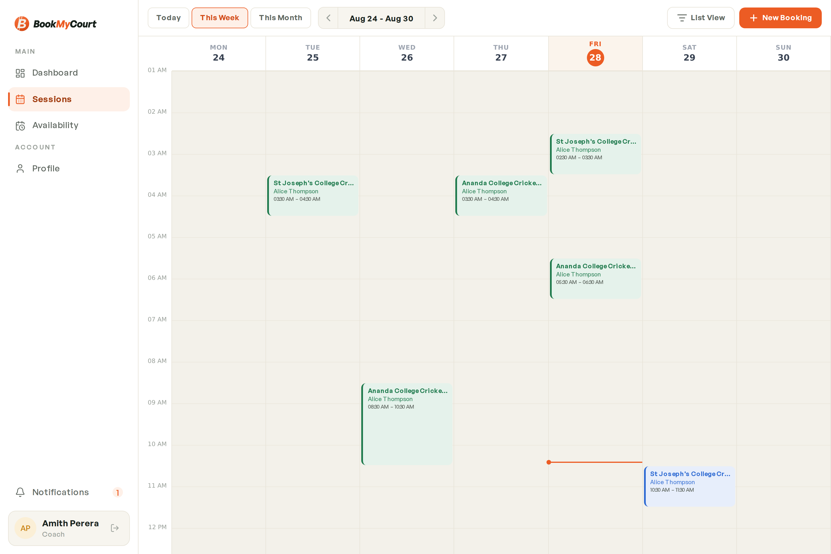 The coach sessions calendar