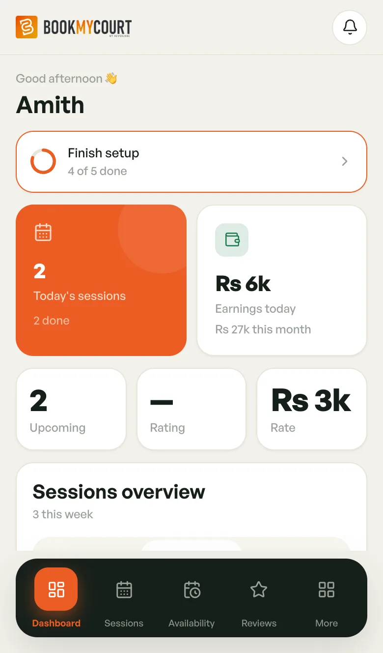 Coach dashboard with greeting, Finish setup card and session and earnings tiles