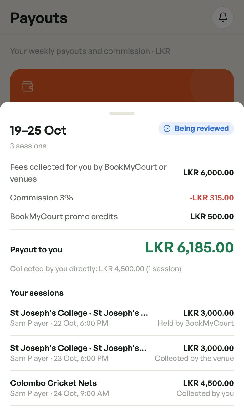Week detail for 19–25 Oct, Being reviewed, with fees, commission, promo credits, payout and the week's sessions