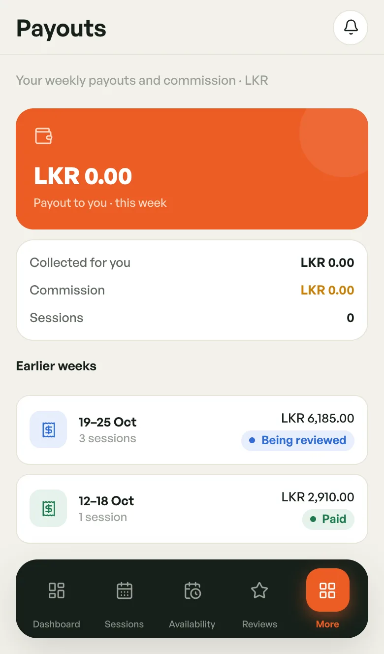 Payouts screen with this week's payout card, a summary and a list of earlier weeks